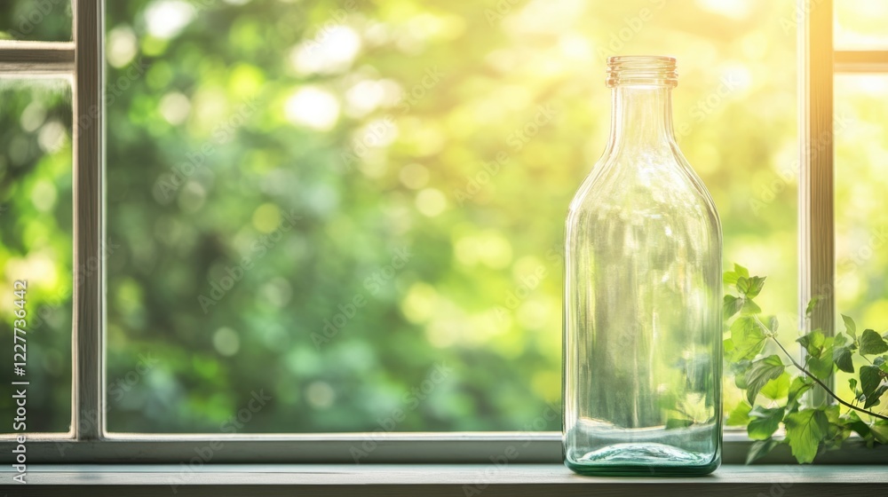 Poster glass bottle illuminated by sunlight on a windowsill with vibrant green background and ample space f