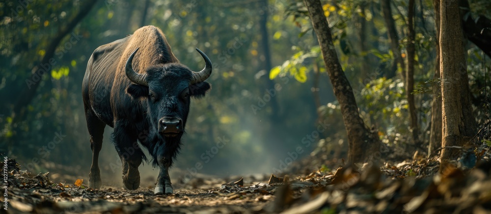 Aufkleber portrait of indian bison in forest setting with natural light and space for text or messaging enhanc