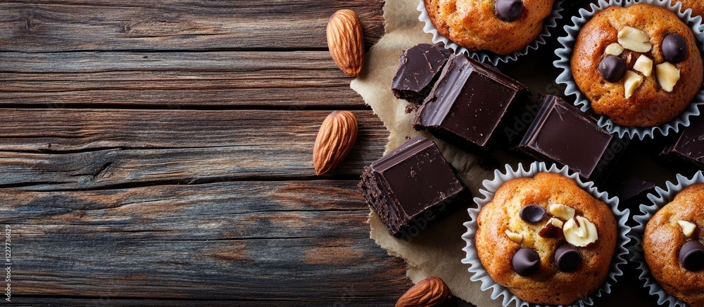 Aufkleber vegetarian italian muffins with chocolate and nuts on rustic wooden table with empty space for textu