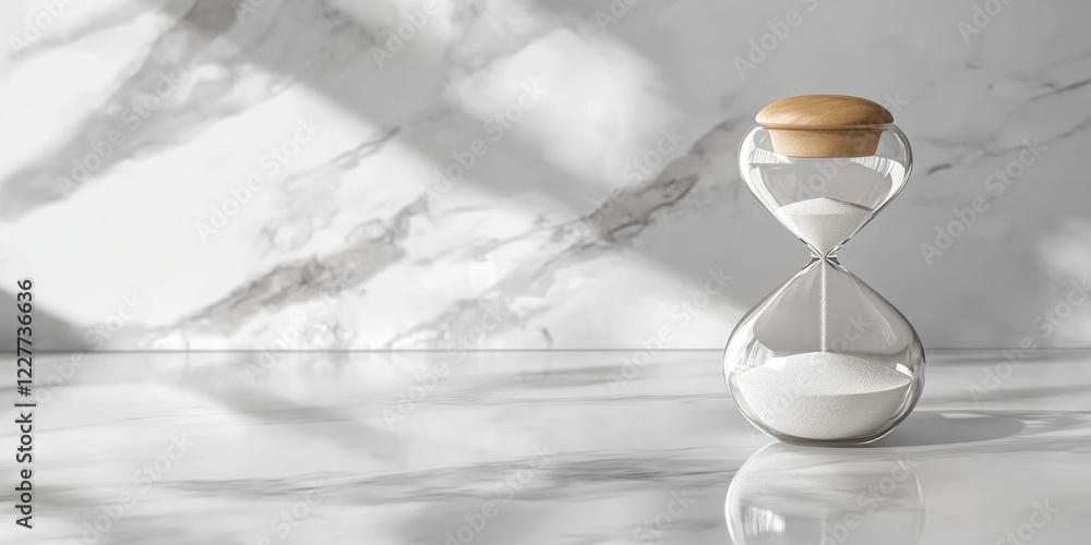 Poster elegant hourglass on marble surface showcasing minimalist design with ample empty space for text and