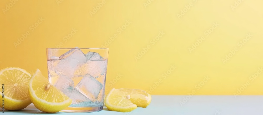 Poster fresh lemonade in a glass with ice cubes and lemon slices on a vibrant yellow background featuring a