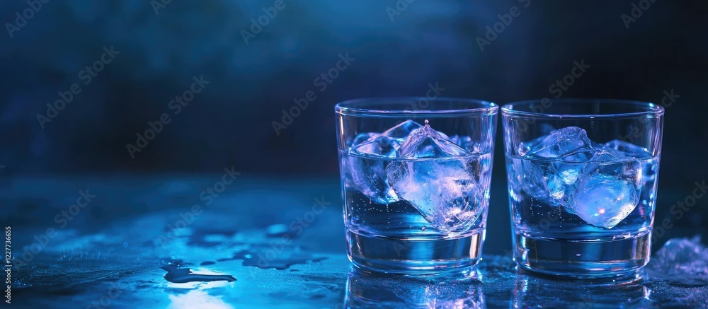 Poster glasses with ice cubes and cold light effects on a surface with space for text or branding