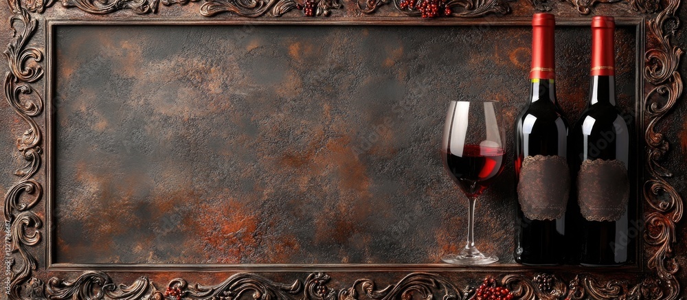 Poster elegant wine bottles and glass displayed in a decorative frame with ample empty space for personaliz