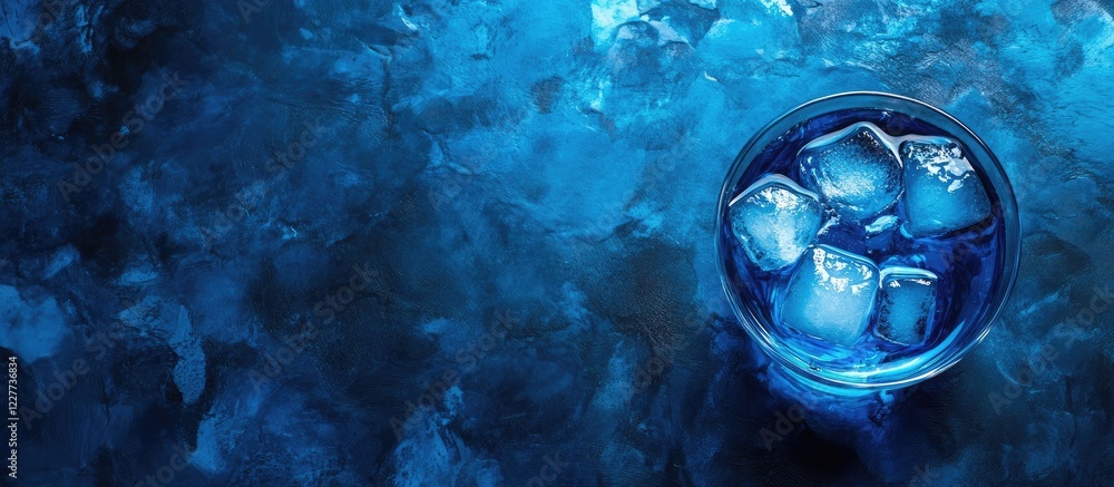 Poster glass of water with ice cubes on a blue surface with space for text or branding displayed in a refre