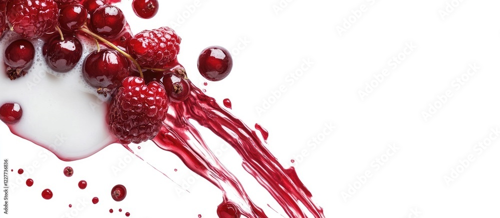 Poster glass of milk with fresh berries spilled on white background for healthy lifestyle and recipe use wi