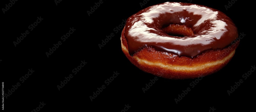 Poster glazed chocolate doughnut on a black background showcasing an inviting dessert with ample empty spac