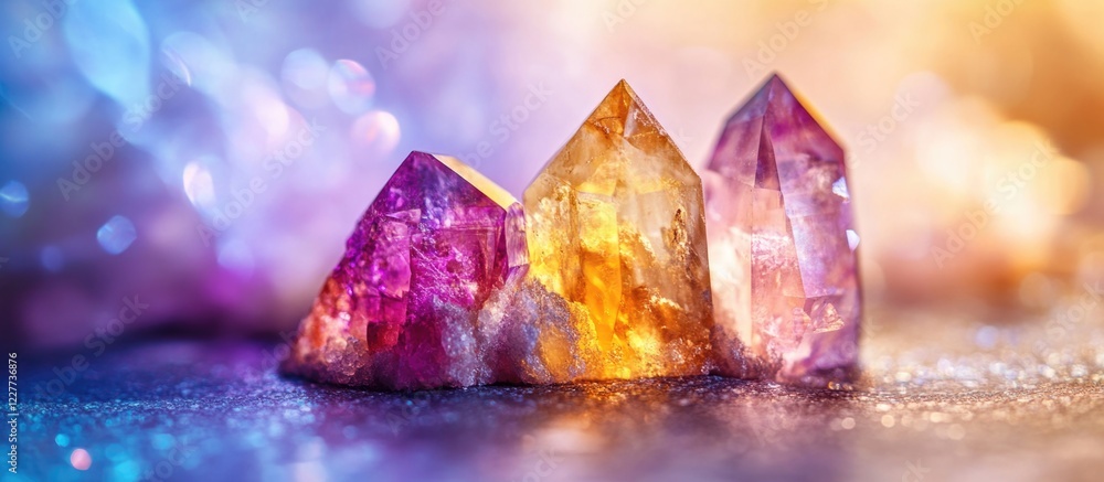 Poster colorful crystals sparkling on a surface with blurred background and copy space for text