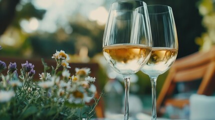 Elegant wine glasses filled with white wine alongside fresh flowers and herbs on a patio table ideal for summer gatherings and events