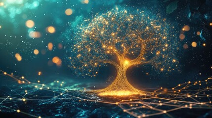Cosmic tree of life representing interconnectedness of astrology, chakras, and blockchain technology in a mystical digital landscape.
