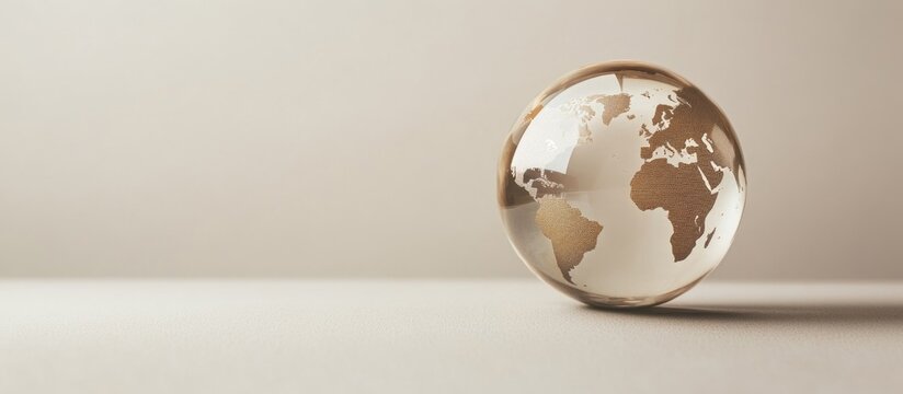 Glass globe depicting world map illustrating global connections with blank space for customizable text or information.