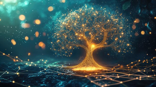 Cosmic tree of life representing interconnectedness of astrology, chakras, and blockchain technology in a mystical digital landscape.
