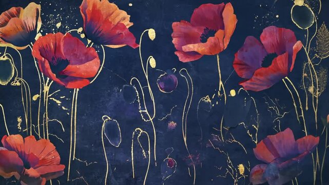 Deep midnight blue background with glowing gold veins running through the stems of poppies, Gold liquid trails form the flowers, and petals fade into golden dust