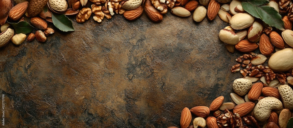 Poster organic nuts and almonds on rustic background with blank space for customizable text and sustainable