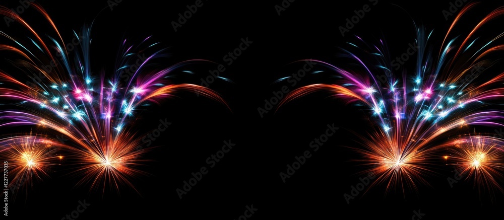 Poster elegant fireworks display on a black background with ample blank space for text, perfect for enhanci