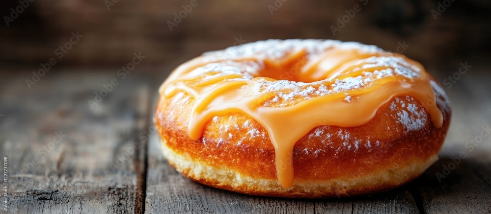 Poster glazed orange iced donut on rustic wooden table with blurred brick wall background and space for tex