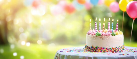 Friends celebrating a child's birthday with a beautifully decorated cake and colorful balloons in a garden setting suitable for text overlay.