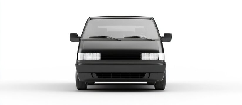 Front view of a black minivan on a white background with ample empty space for text and graphic overlay options