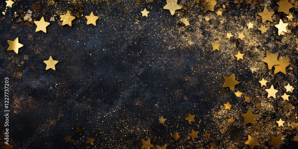 Poster elegant gold glitter star confetti background with dark texture and space for custom text or festive