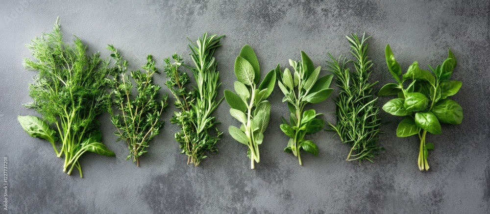 Poster flat lay of fresh green herbs and vegetables arranged neatly with ample space for text and designs o