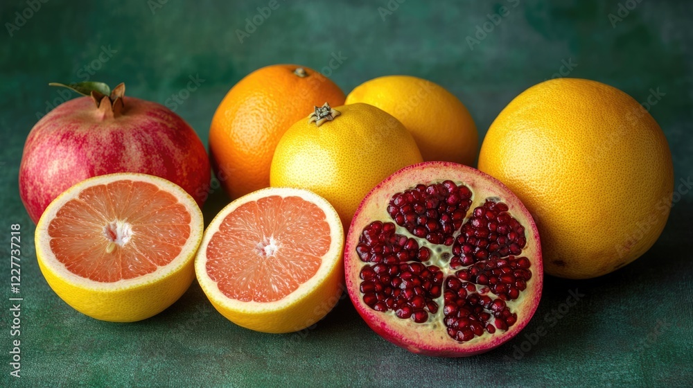 Poster citrus fruit variety on green background including lemon grapefruit apple pomelo and pomegranate wit