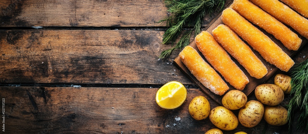 Poster frozen fish sticks with uncooked potatoes on rustic wooden surface showcasing empty space for text o