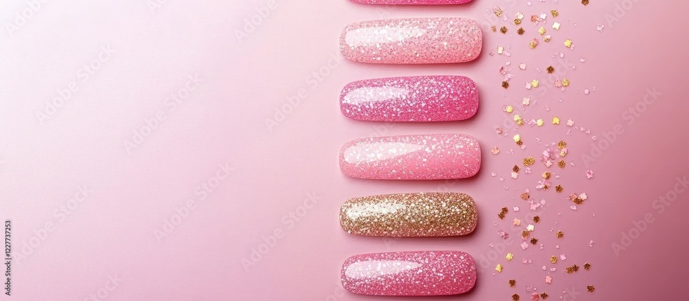 Aufkleber glitter gradient manicure design in sweet pink and gold with empty space for custom text on a soft p