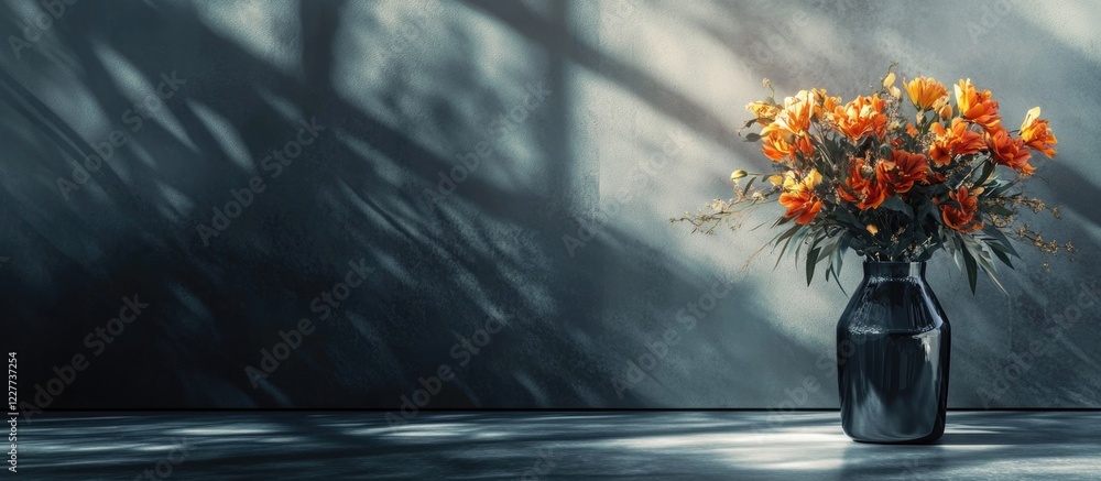 Poster flower vase casting shadows with a stylish backdrop at a fashion event featuring ample copy space fo