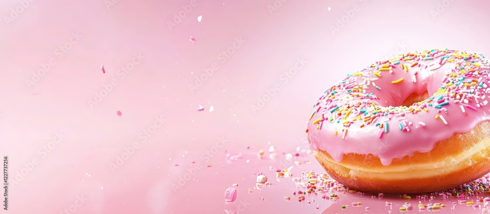 Poster glazed doughnut topped with colorful sprinkles on a soft pink background with empty space for creati