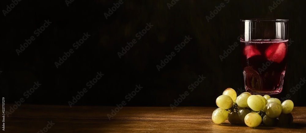Poster glass of red wine beside malvasia white grape slices on wooden table with dark background and empty 