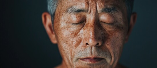 Meditative Asian male model with solemn expression highlighting experience through wrinkles and freckles in a serene setting with blank space for text