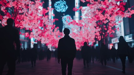 Person Silhouette Walking Through Vibrant Cherry Blossom Lights in a Nighttime Urban Scene
