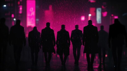Naklejka premium Mysterious Figures on a Rainy Night in Urban Setting with Neon Lights and Pink Hue