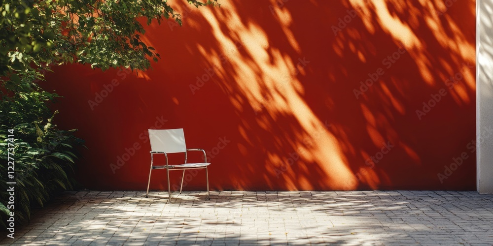 Poster empty outdoor courtyard with chair against vibrant orange wall and shadow patterns ideal for text in