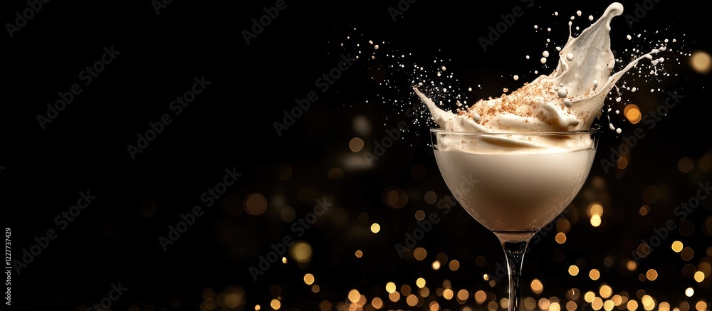 Aufkleber splash of milk in elegant glass with visual effects and empty space for text on dark background