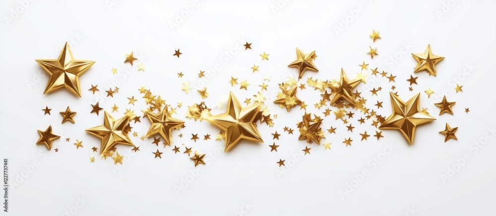 Poster glittering gold stars scattered on a white background with ample empty space for creative text or fe
