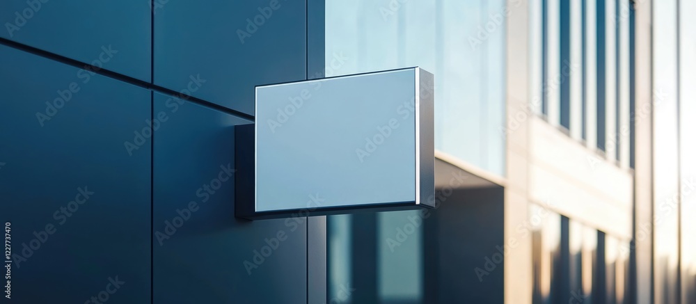 Poster contemporary building with engraved logo signage and empty copy space for customizable branding or m