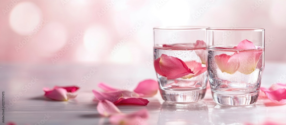 Poster glasses with rose petals floating in water on a soft background with ample space for text and design
