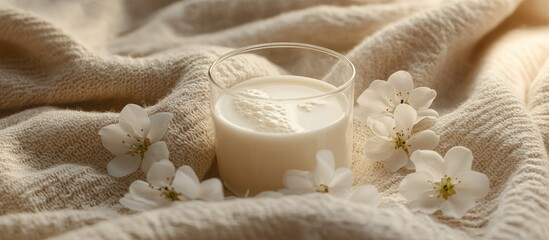 Glass of milk surrounded by white flowers on a cozy wool blanket with soft empty space for text or branding opportunities