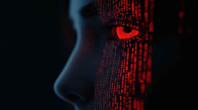 Abstract profile of a futuristic woman with glowing red eye amidst binary code pattern on dark background