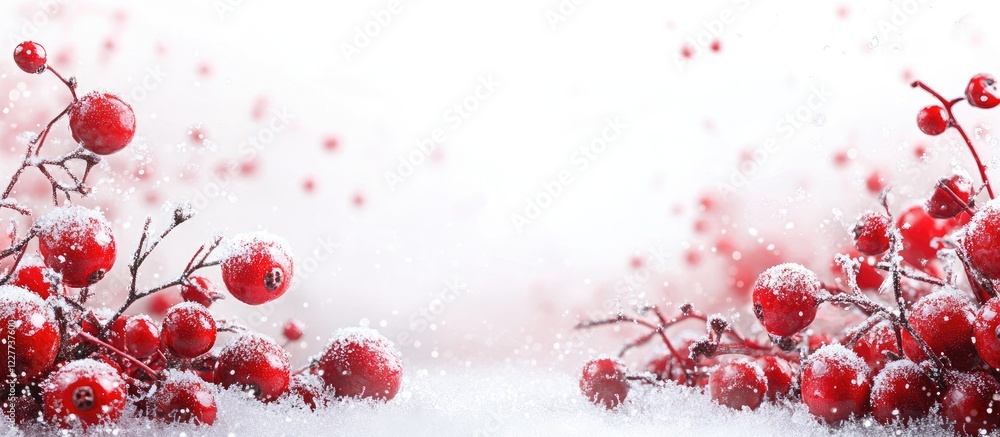Poster snow-covered red berries with a bright white background and ample space for text or design elements 