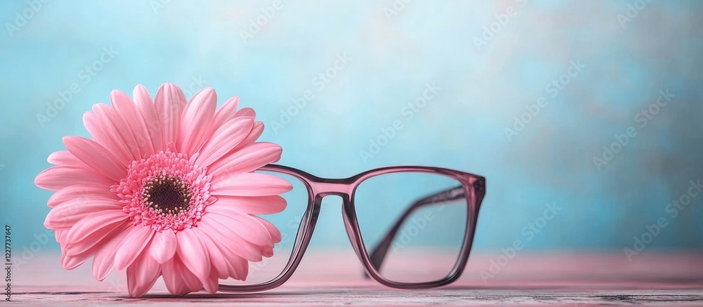Poster stylish pink glasses next to a vibrant pink flower with ample empty space for adding your custom tex
