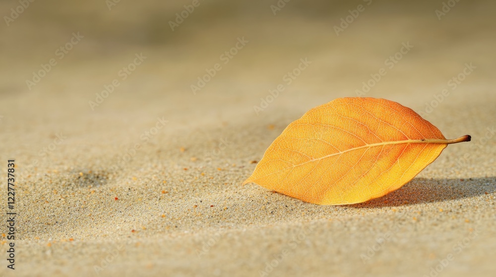 Poster autumn leaves in yellow and orange hues resting on sandy beach with shallow depth of field and ample