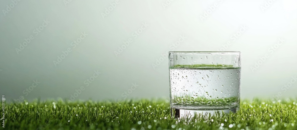 Poster clear glass with condensation on grass background showcasing refreshing water and empty space for te