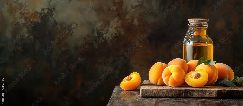 Poster fresh apricots alongside a bottle of apricot oil on a rustic wooden surface with dark background and