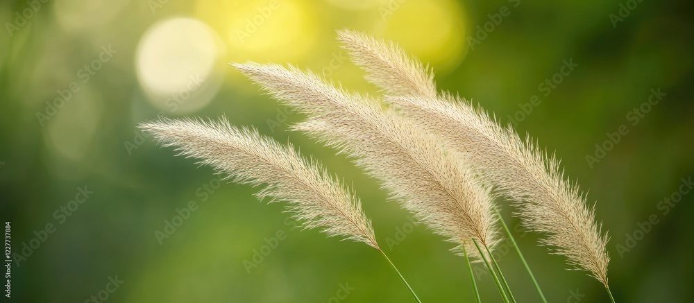 Poster close up of golden grass with a soft green bokeh background creating a serene natural atmosphere per