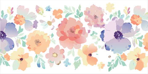 Watercolor print background spring flowers, simple style, pastel colors, floral botanical design, vector illustration