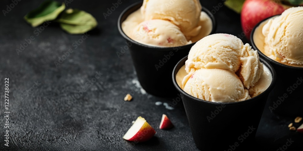 Poster elegant ice cream scoops in black cups with fresh apples and milk alongside empty space for customiz