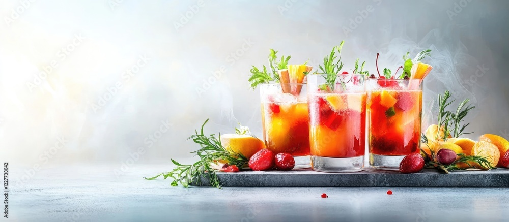 Poster refreshing vegetable juice with fresh cut vegetables and fruits on a gray surface with empty space f