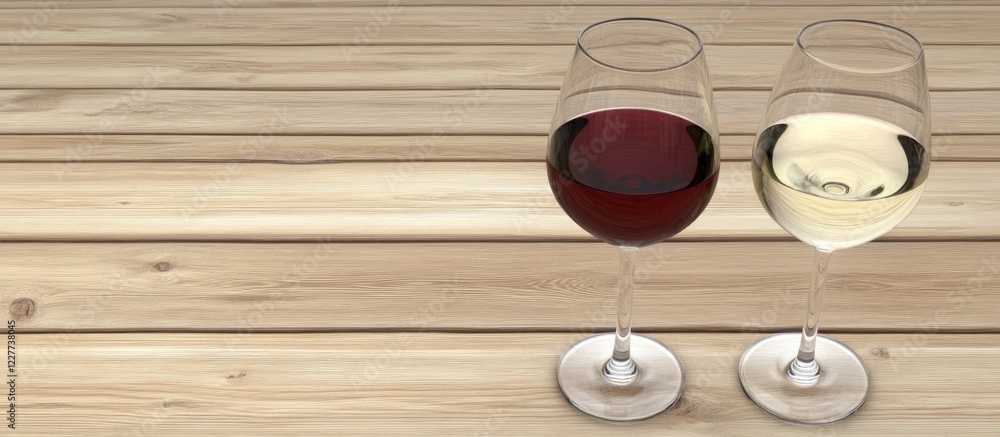 Poster elegant red and white wine glasses on a rustic wooden table with ample empty space for creative text