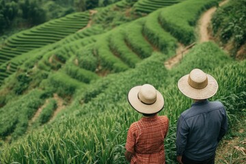 Fototapeta premium Farmers enjoy a peaceful moment overlooking terraced rice fields in a lush green landscape